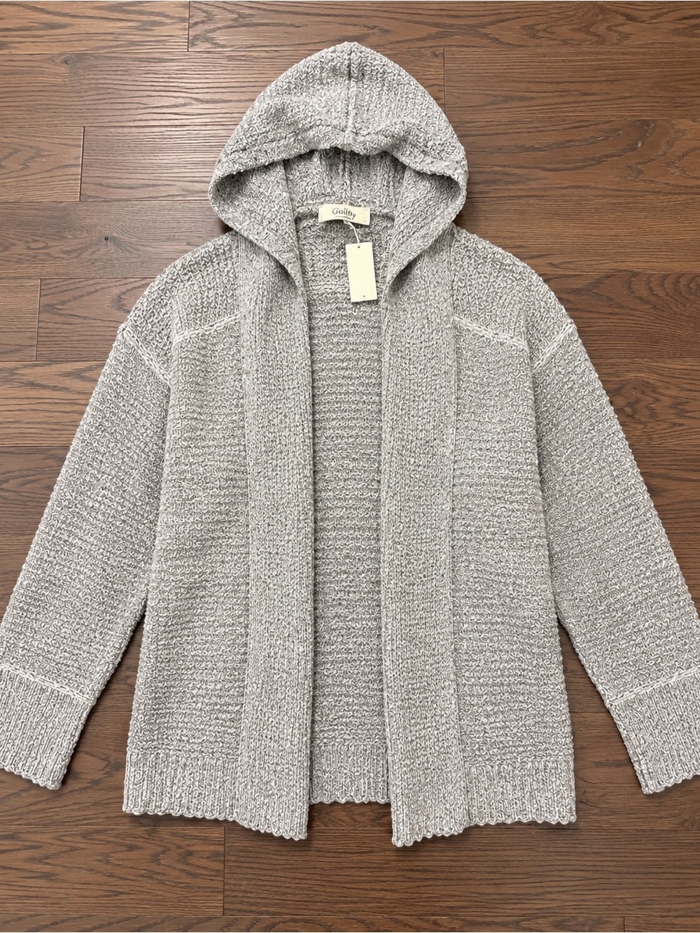 Hooded Open-Front Knit Cardigan in Light Gray